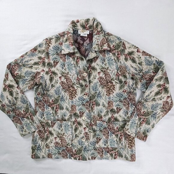 VTG Tapestry Brown Tan Blue Pines Cottage Front Pocket Button Up Blazer - Picture 1 of 7